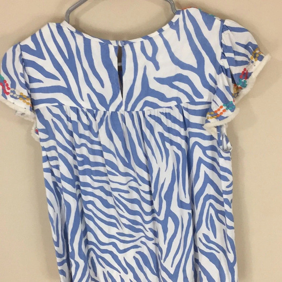THML Anthropologie Embroidered Animal Print Blue Striped Boho Top Fringe Small - Picture 4 of 11